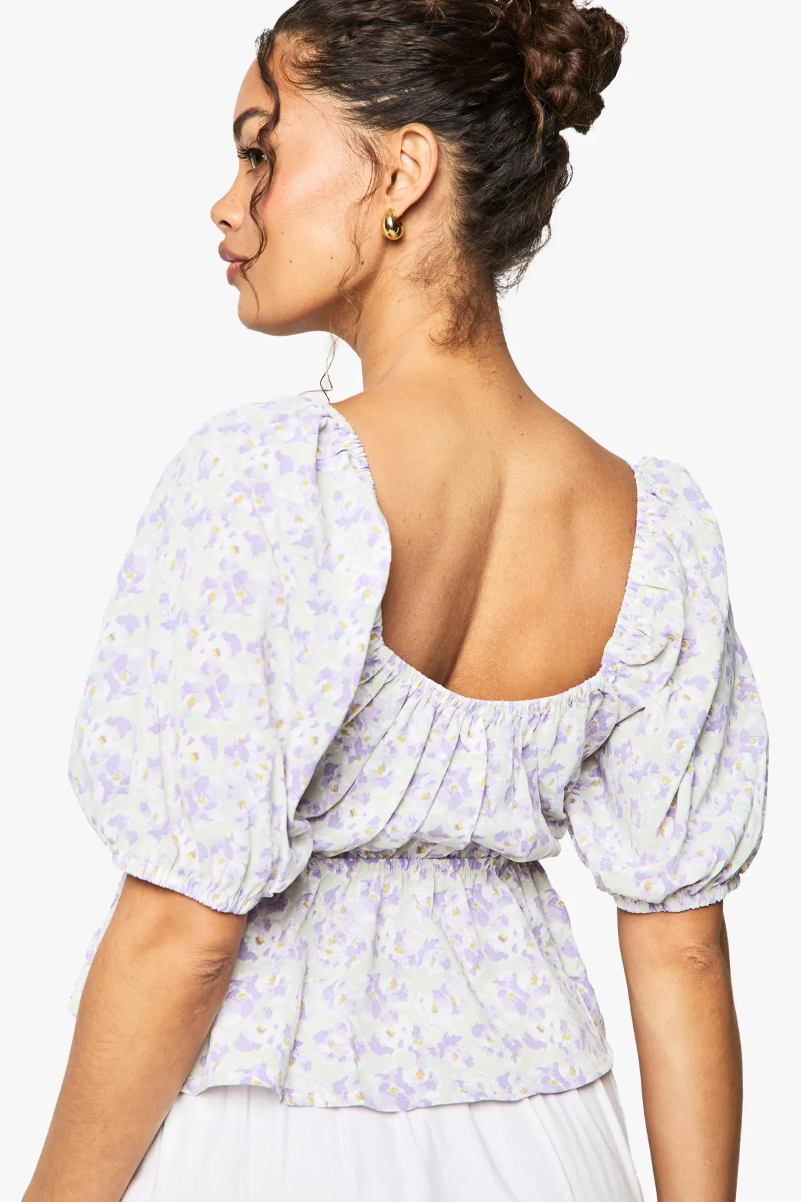 Top smock imprimé floral tissé à manches bouffantes