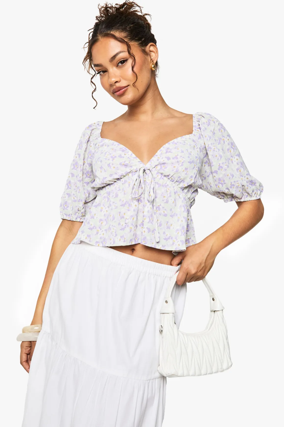 Top smock imprimé floral tissé à manches bouffantes
