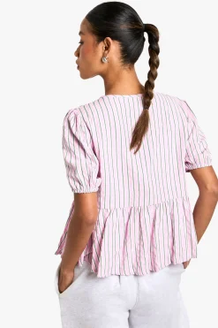 boohoo Top smock à rayures rose et verte avec nouage à l’avant et manches bouffantes<Femme Tops