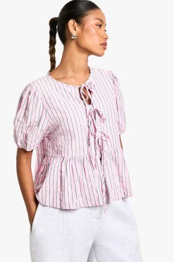 boohoo Top smock à rayures rose et verte avec nouage à l’avant et manches bouffantes<Femme Tops