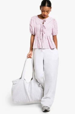 boohoo Top smock à rayures rose et verte avec nouage à l’avant et manches bouffantes<Femme Tops