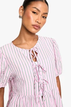 boohoo Top smock à rayures rose et verte avec nouage à l’avant et manches bouffantes<Femme Tops