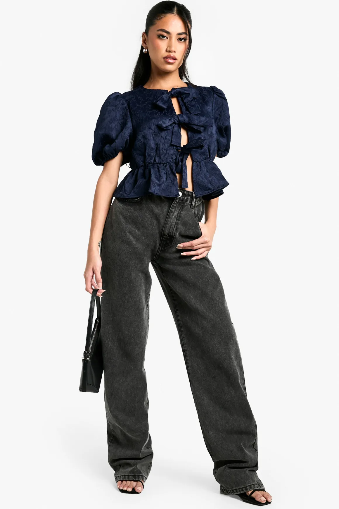 Top texturé à manches bouffantes et attaches