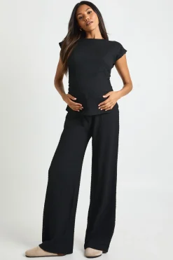 Top texturé pour maternité & pantalon à jambes larges à taille élastiquée, ensemble coordonné