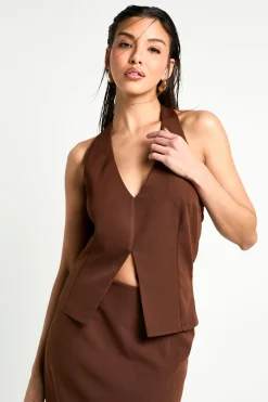 Top tissé à encolure halter et décolleté plongeant
