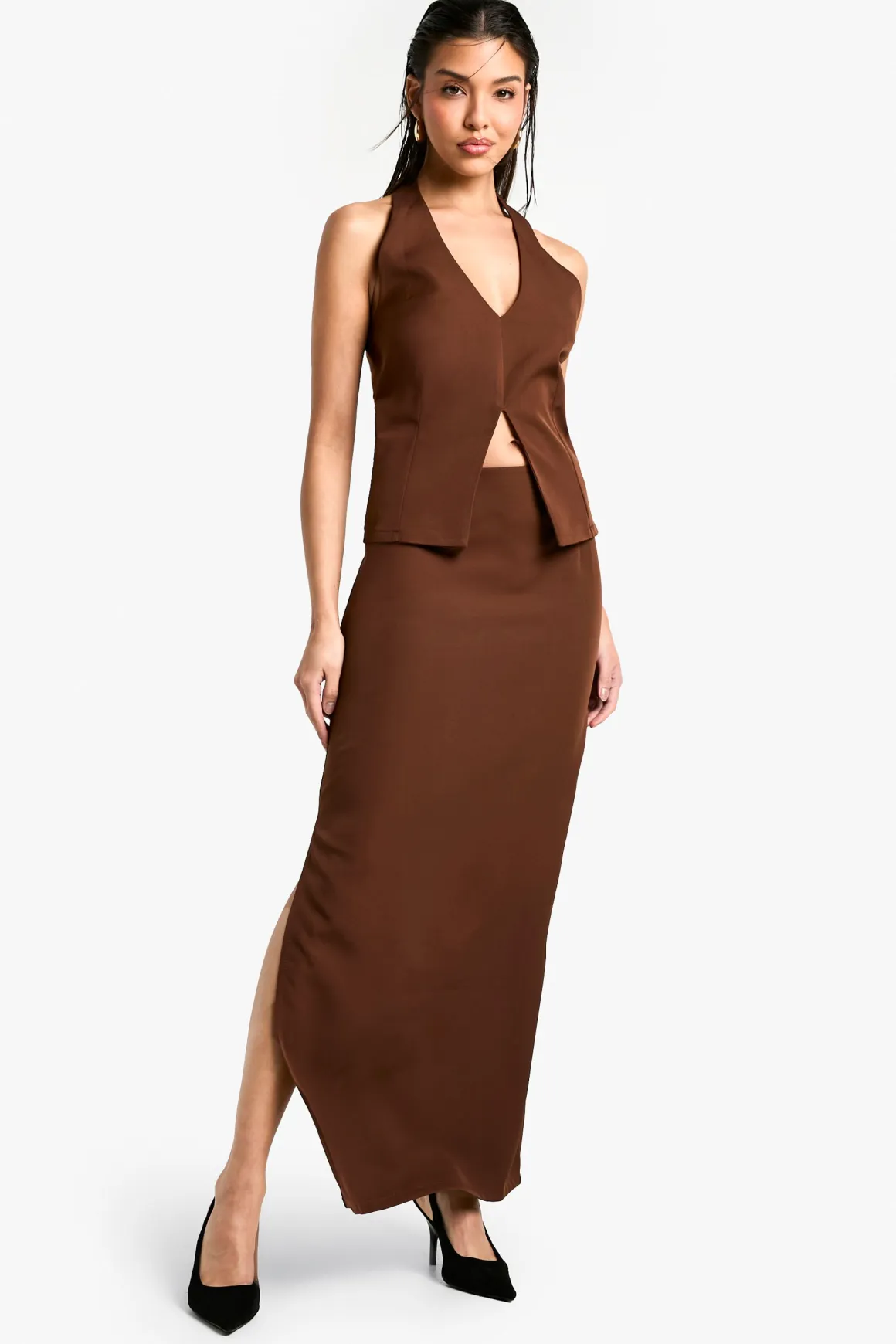 Top tissé à encolure halter et décolleté plongeant