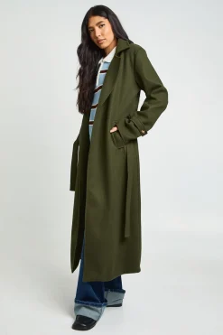 Trench Ceinturé Aspect Laine Taille Haute