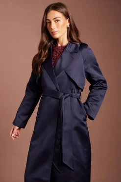 Trench-coat Bleu Marine En Satin Avec Ceinture Pour Occasions Spéciales