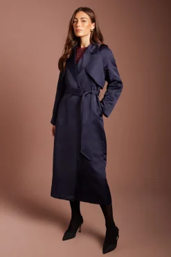 Trench-coat Bleu Marine En Satin Avec Ceinture Pour Occasions Spéciales