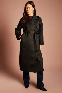 Trench-coat Ceinturé En Satin Noir Pour Occasions Spéciales