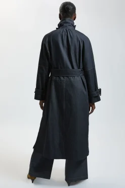 Trench-coat Cintré En Denim À Col Montant Avec Ceinture