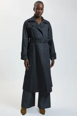 Trench-coat Cintré En Denim À Col Montant Avec Ceinture