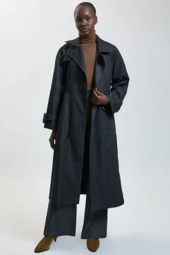 Trench-coat Cintré En Denim À Col Montant Avec Ceinture