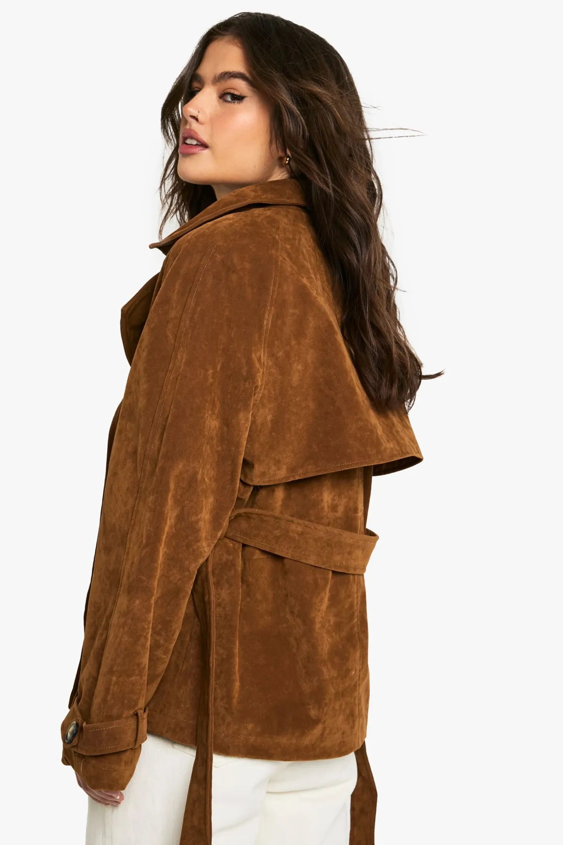 Trench-coat court ceinturé effet suédé