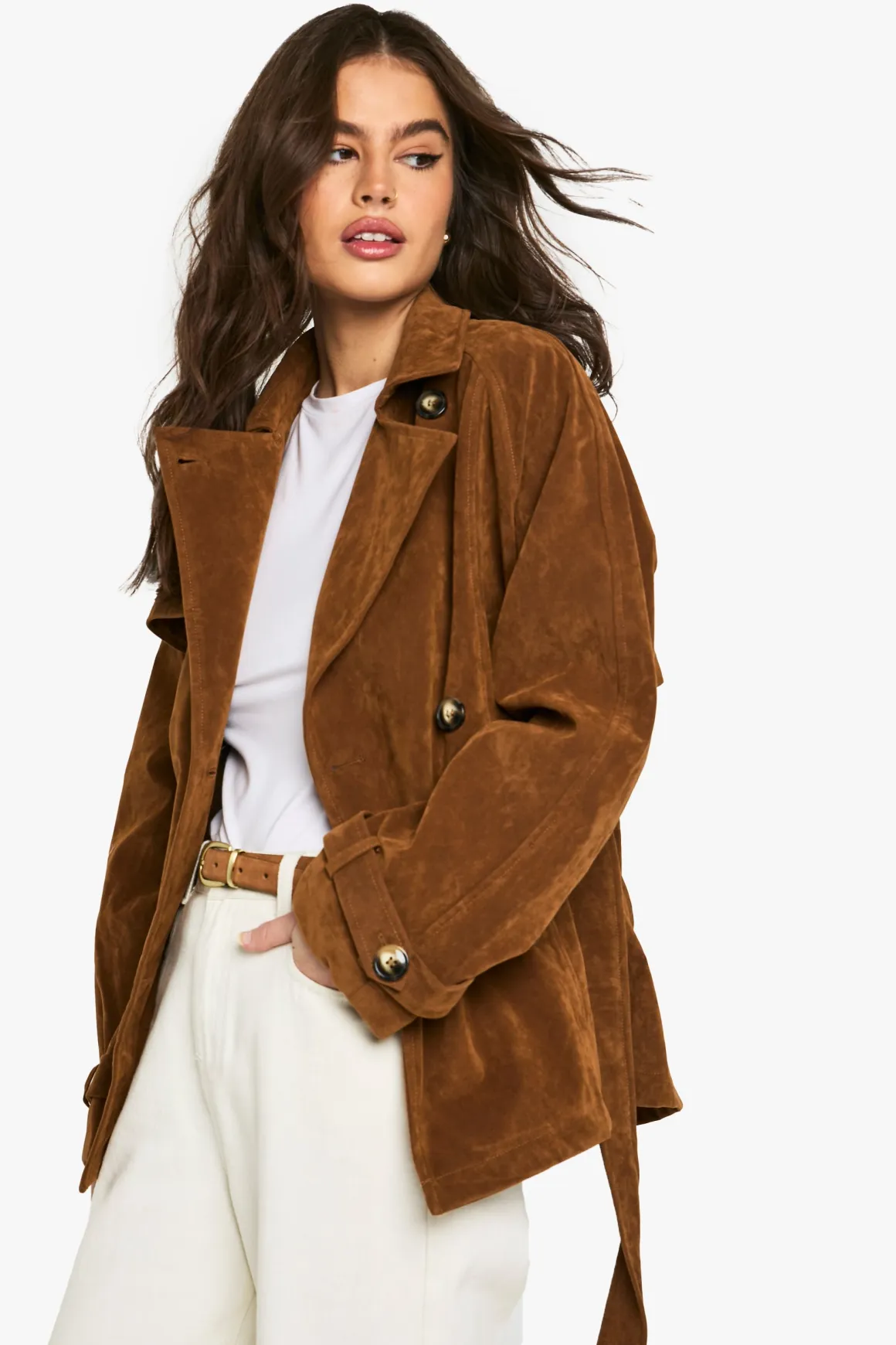 Trench-coat court ceinturé effet suédé