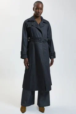 Trench-coat En Denim Cintré À Col Montant Pour Petite Taille