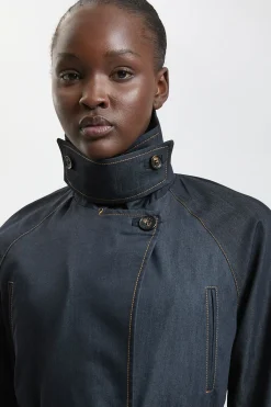 Trench-coat En Denim Cintré À Col Montant Pour Petite Taille