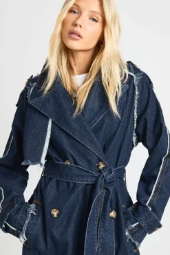 boohoo Trench-coat en denim à coutures effilochées<Femme Manteaux Et Vestes D’Automne|Denim