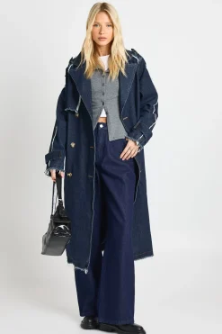 boohoo Trench-coat en denim à coutures effilochées<Femme Manteaux Et Vestes D’Automne|Denim