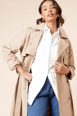Trench-coat Long à Double Boutonnage avec Ceinture