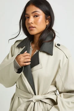 Trench-coat Long À Double Col Contrasté Petite
