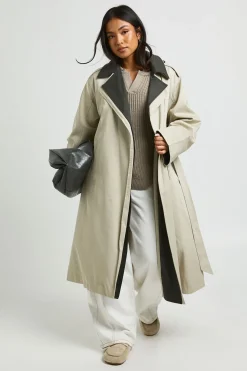 Trench-coat Long À Double Col Contrasté Petite