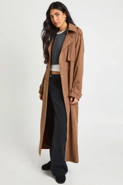 Trench-coat Long Oversize À Double Boutonnage Effet Peau De Pêche