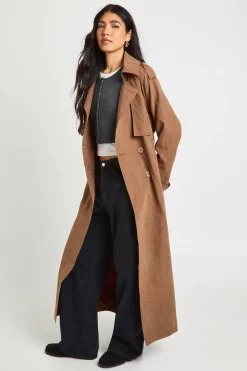 Trench-coat Long Oversize À Double Boutonnage Effet Peau De Pêche