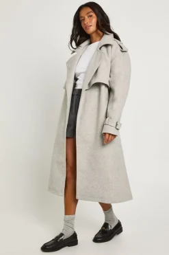 Trench-coat oversize ceinturé à l'aspect laine pour petites
