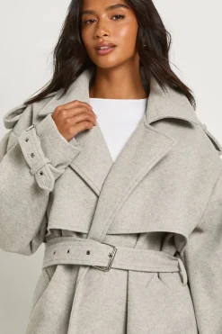 Trench-coat oversize ceinturé à l'aspect laine pour petites