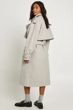 Trench-coat oversize ceinturé à l'aspect laine pour petites