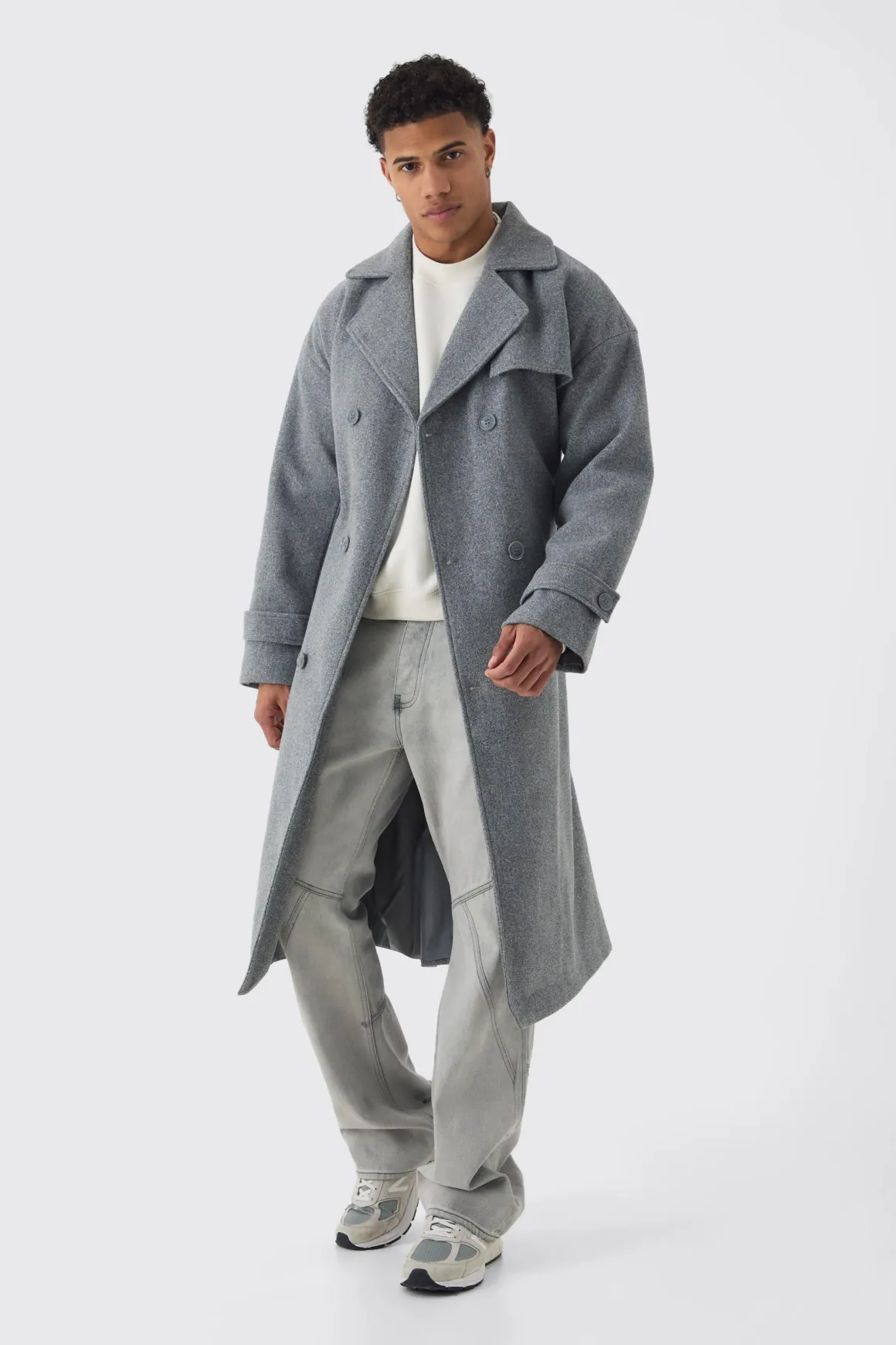 Trench-coat oversize à double boutonnage en gris