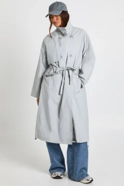 Trench-coat Texturé À Col Montant Et Taille Cintrée