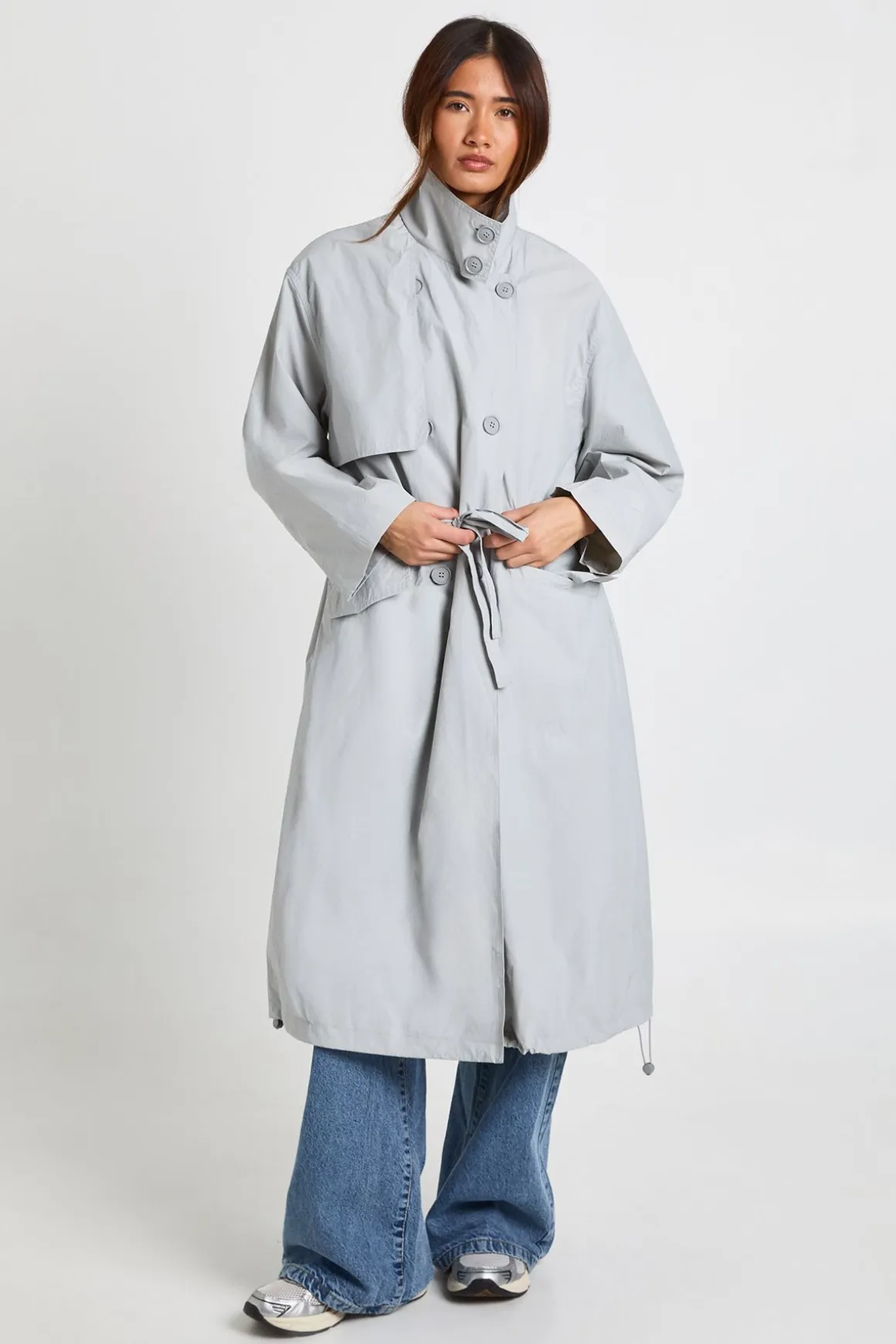 Trench-coat Texturé À Col Montant Et Taille Cintrée