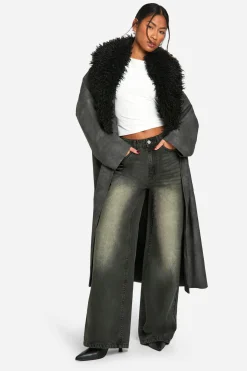 Trench-coat vintage en synthétique avec col en synthétique
