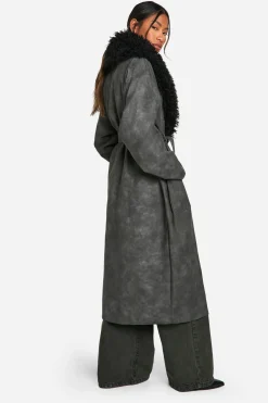Trench-coat vintage en synthétique avec col en synthétique