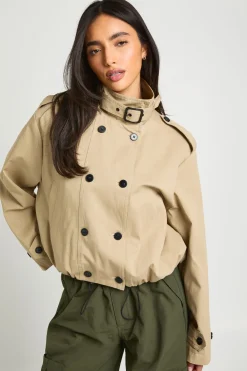 boohoo Trench Court À Double Boutonnage Et Col Montant<Femme Tons Neutres|Trenchs