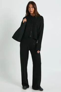 Tricoté surdimensionné sweat à capuche boutonné et pantalon à jambes larges