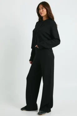 Tricoté surdimensionné sweat à capuche boutonné et pantalon à jambes larges