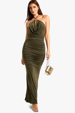 boohoo Trim Detail Cowl Ruched Slinky Maxi Dress<Femme Robes|Robes De Soirée Chic