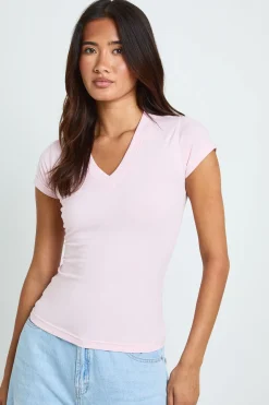 T-shirt Ajusté À Col V Et Manches Courtes