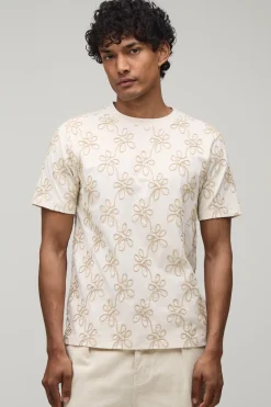 T-shirt Ajusté En Coton Épais Avec Broderie Florale
