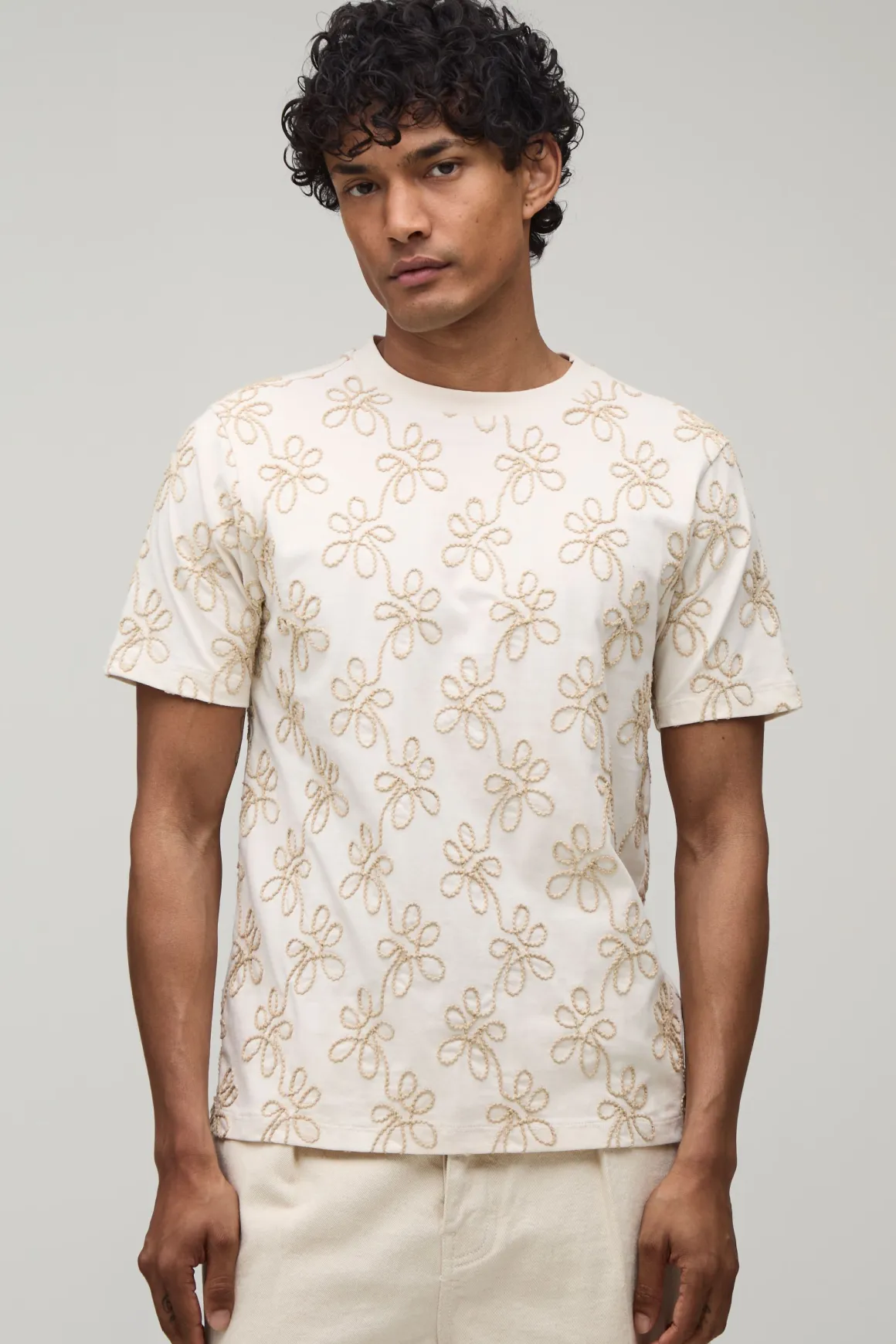T-shirt Ajusté En Coton Épais Avec Broderie Florale