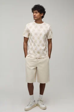 T-shirt Ajusté En Coton Épais Avec Broderie Florale