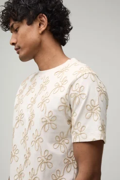 T-shirt Ajusté En Coton Épais Avec Broderie Florale