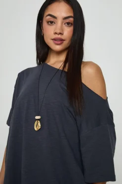T-shirt Ample Semi-transparent À Épaules Dénudées En Coton Slub