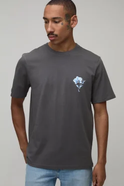 boohooMAN T-shirt Anthracite Coupe Regular À Imprimé Floral<Homme T-Shirts Impriméstendances|T-Shirts