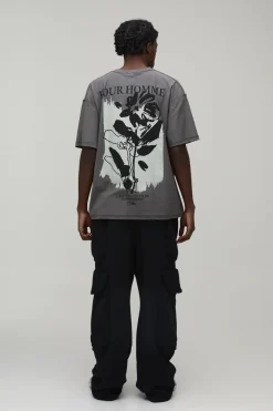 T-Shirt Anthracite à Imprimé Floral Surdimensionné avec Coutures Apparentes