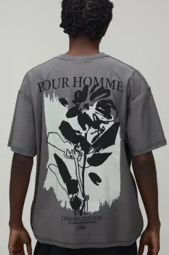 T-Shirt Anthracite à Imprimé Floral Surdimensionné avec Coutures Apparentes