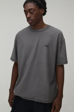 T-Shirt Anthracite à Imprimé Floral Surdimensionné avec Coutures Apparentes